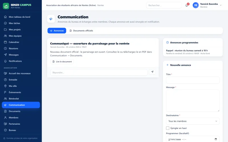SENZII CAMPUS : espace communication, annonces et documents officiels (démonstration)