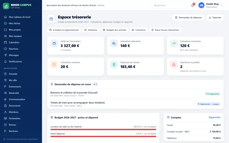 SENZII CAMPUS : espace du trésorier, solde, cotisations et dépenses (démonstration)
